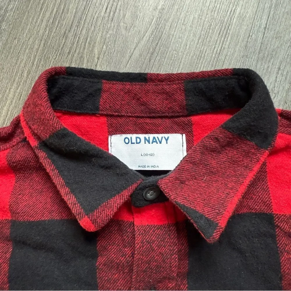 Buffalo Plaid Flannel Button Down Boys Large Red Black Pockets